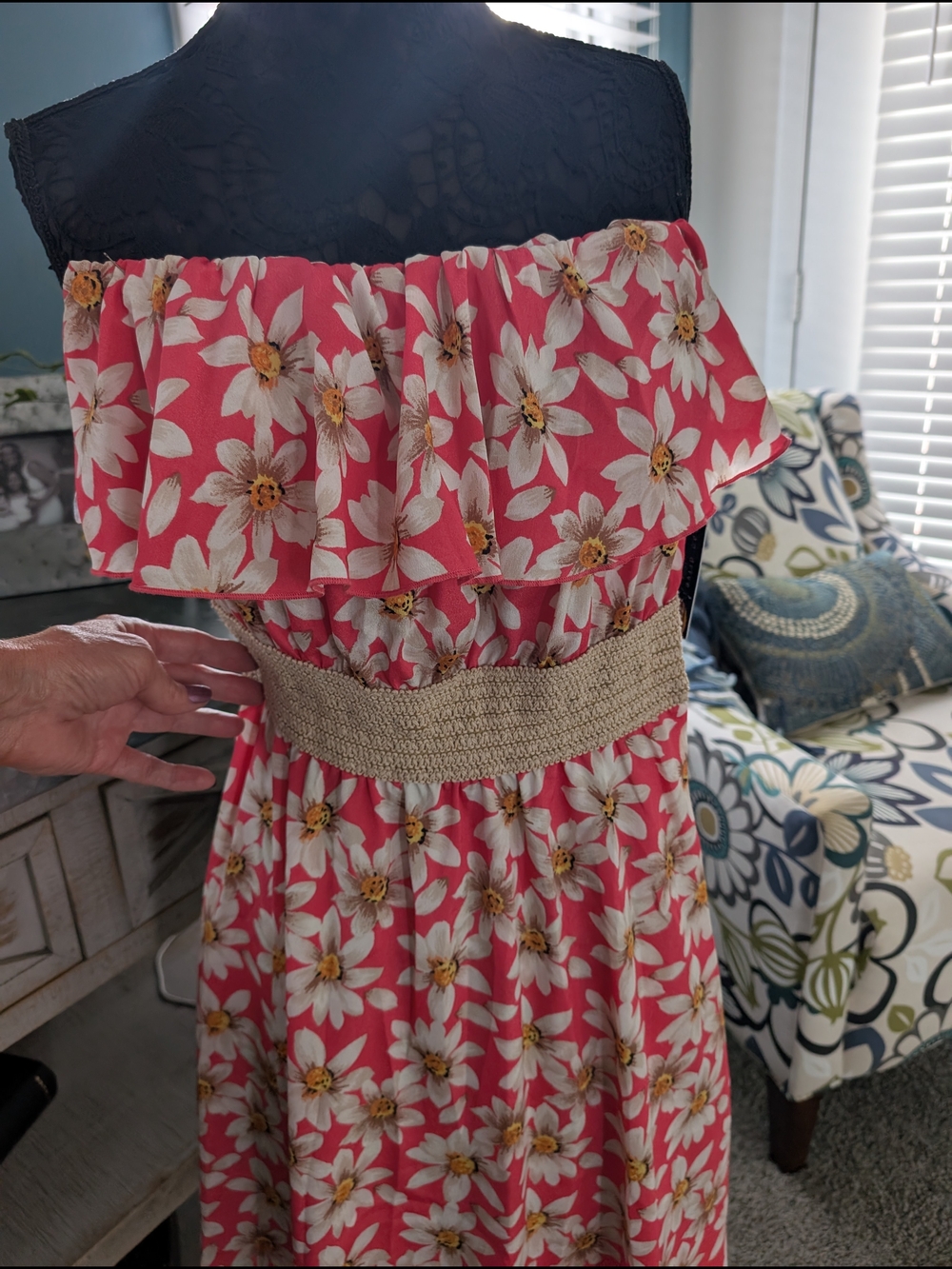 Off-Shoulder Pink Floral Ruffle  Dress